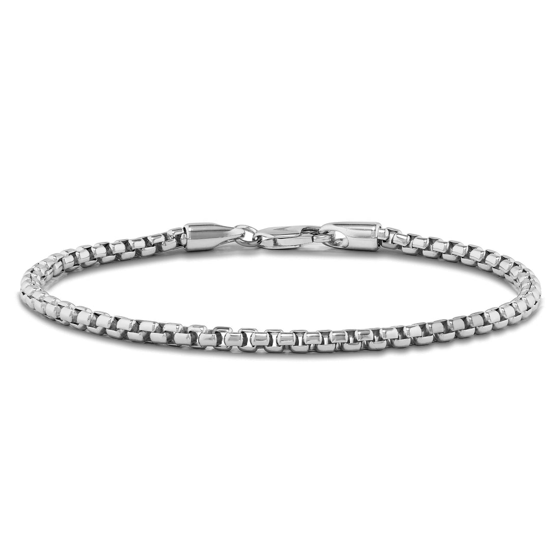 Close-up of a 3mm polished sterling silver box chain bracelet with a parrot clasp.