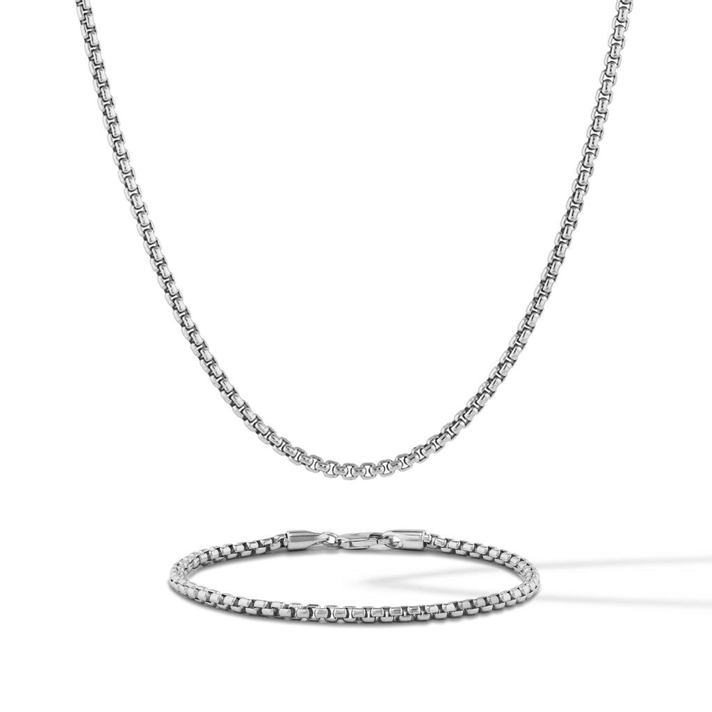 Matching Box Chain Set in 925 sterling silver with a polished rhodium finish.