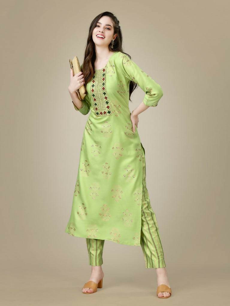 Women's Light Green Rayon Embroidered Straight Kurta with matching pant set