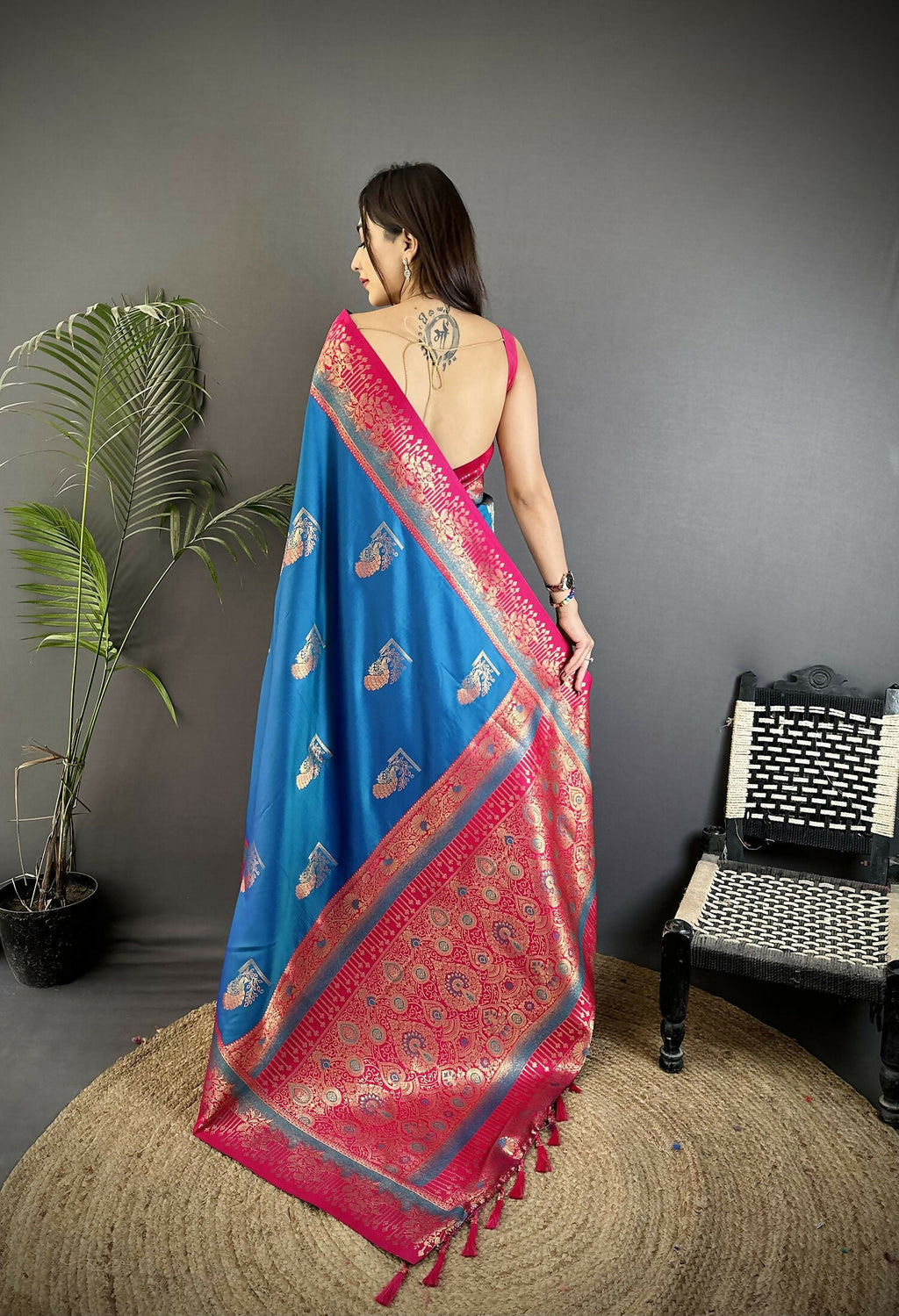 Royal Blue Banarasi Soft Silk Saree with Peacock Butta Work