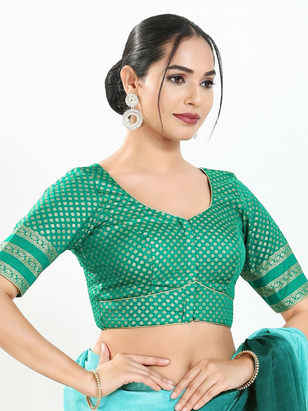 Rama Green Brocade Blouse with Round Neck & Elbow Sleeves