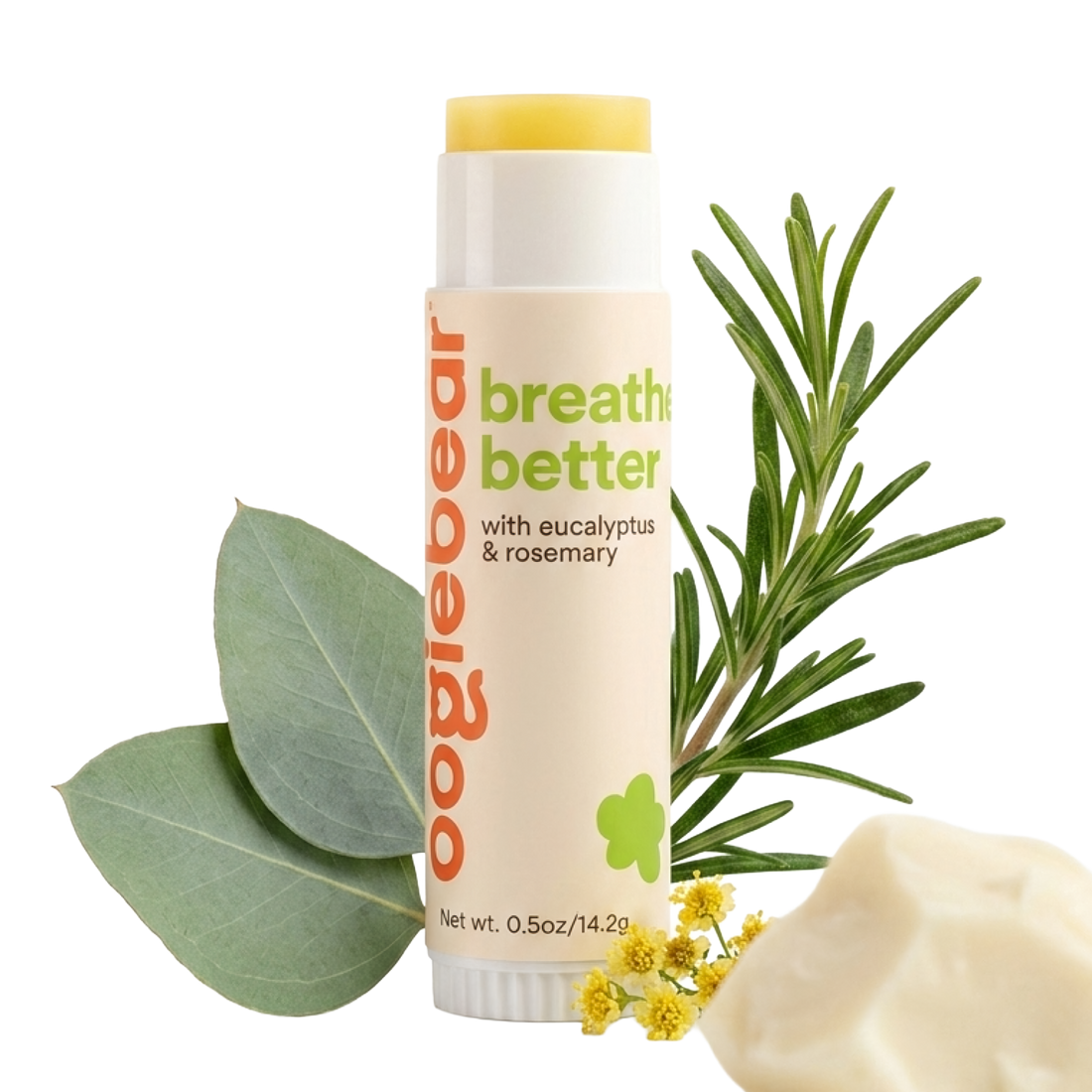 0.5oz white, green, and orange jar of oogiebear organic baby breathing balm