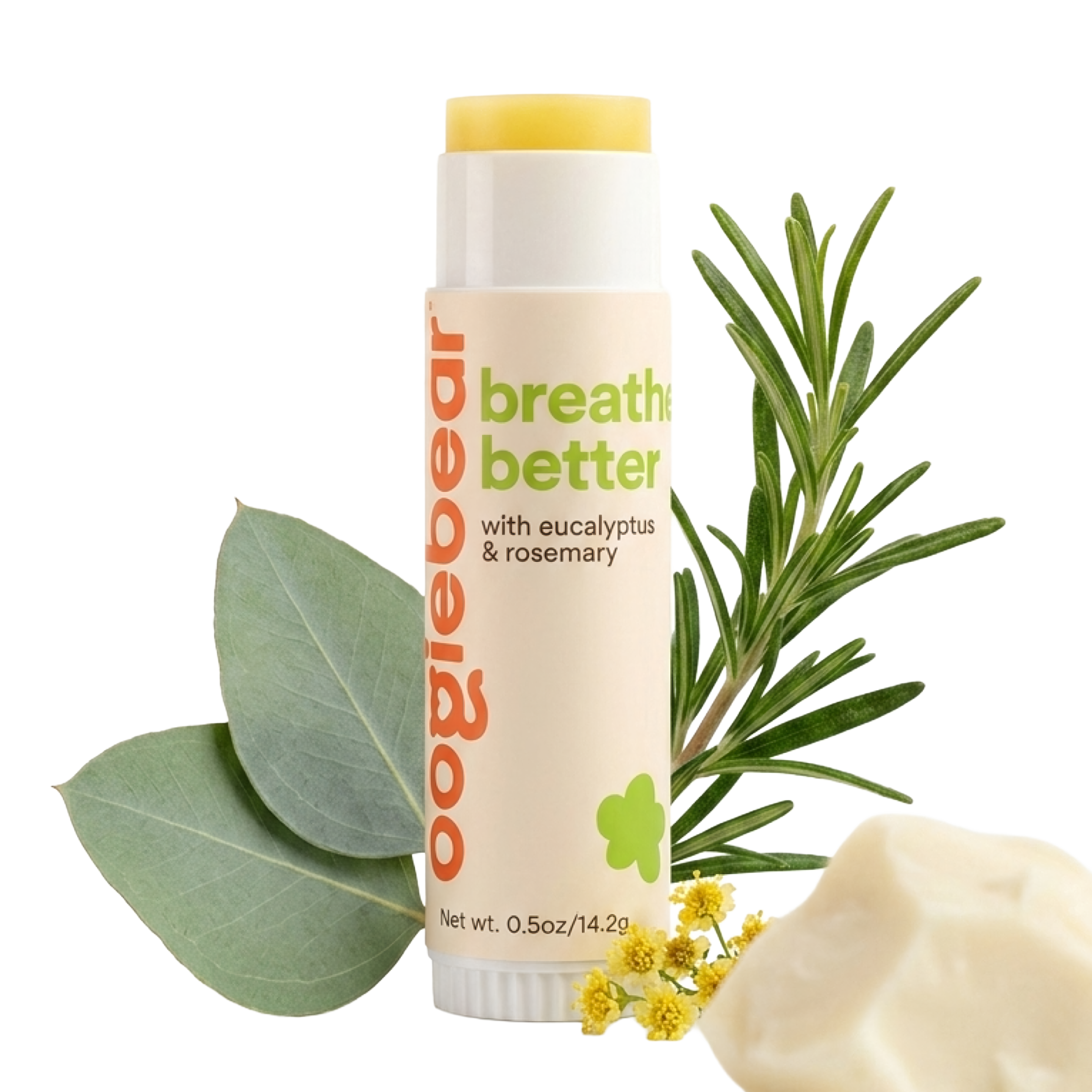 0.5oz white, green, and orange jar of oogiebear organic baby breathing balm