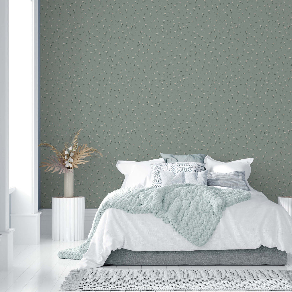 Brigitta Floral Wallpaper in Dusty-Rose and Muted-Green Decor