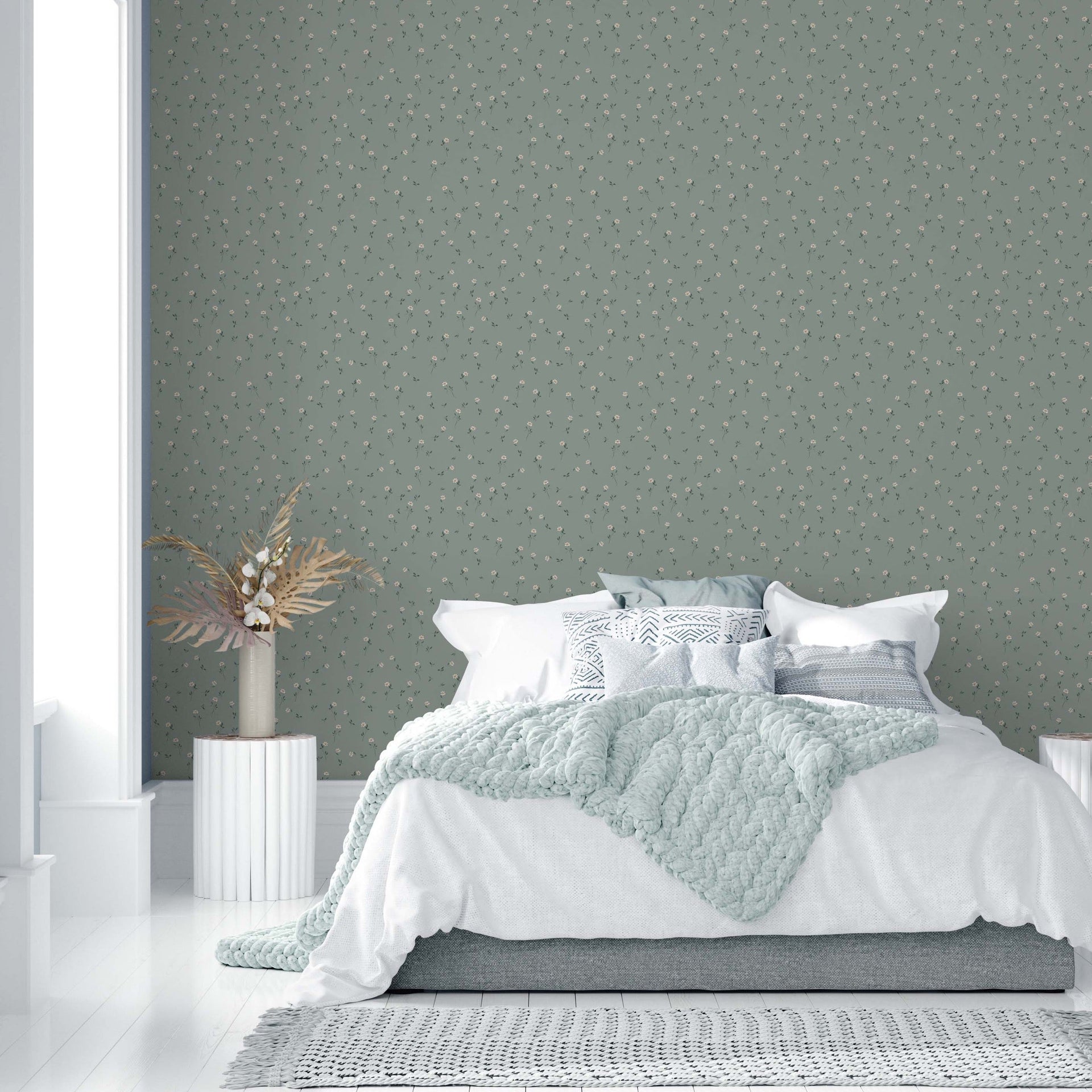 Brigitta Floral Wallpaper in Dusty-Rose and Muted-Green Decor