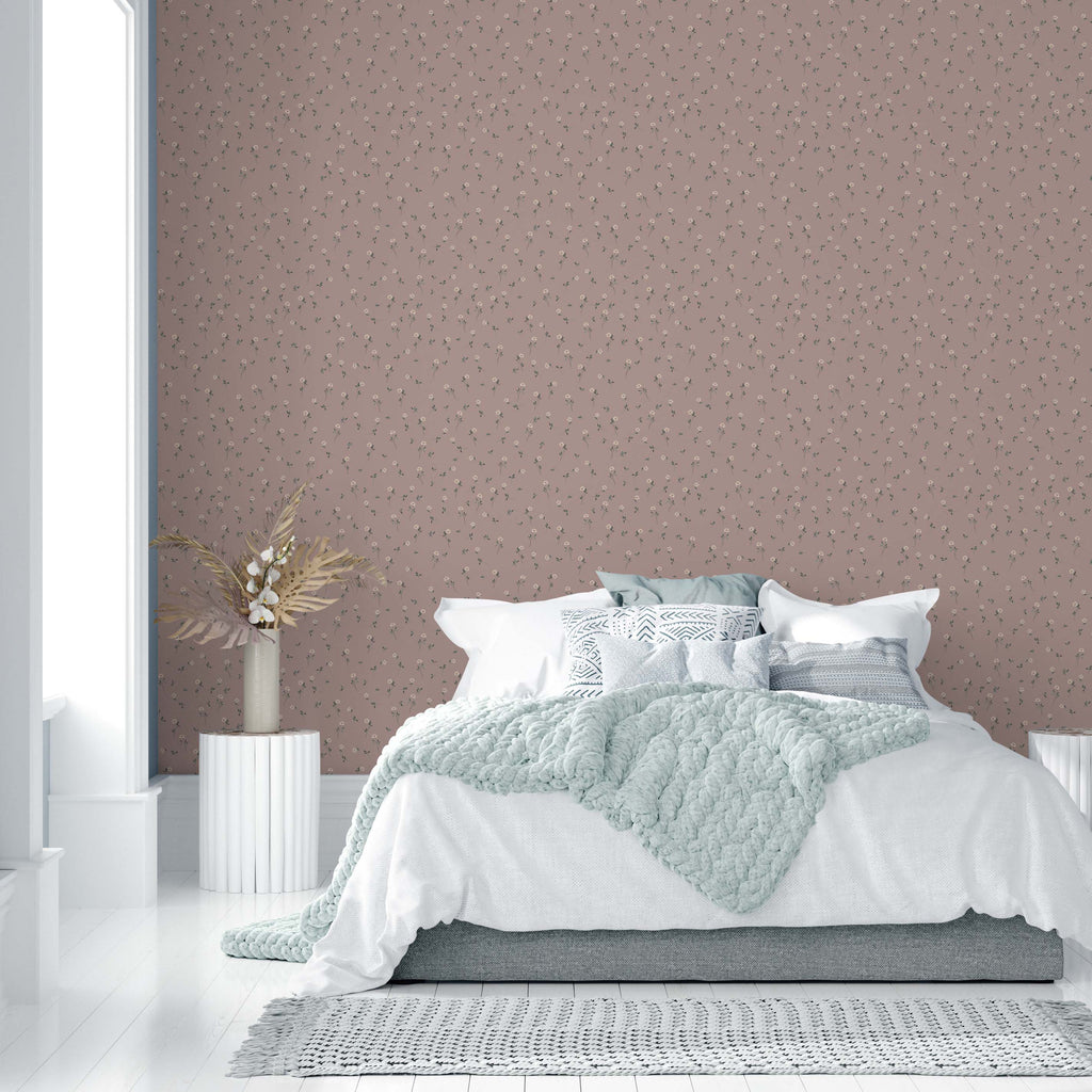 Brigitta Floral Wallpaper in Dusty-Rose and Muted-Green Decor