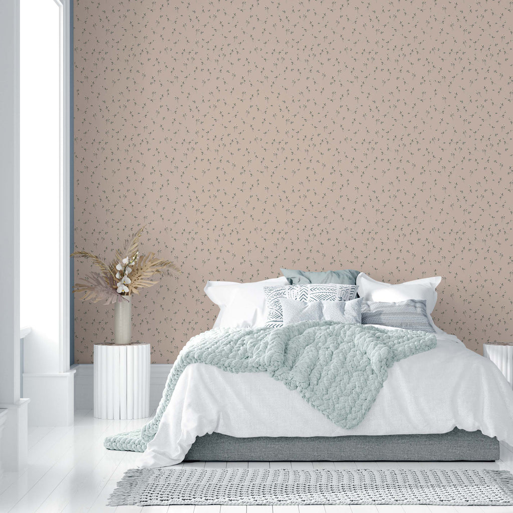 Brigitta Floral Wallpaper in Dusty-Rose and Muted-Green Decor