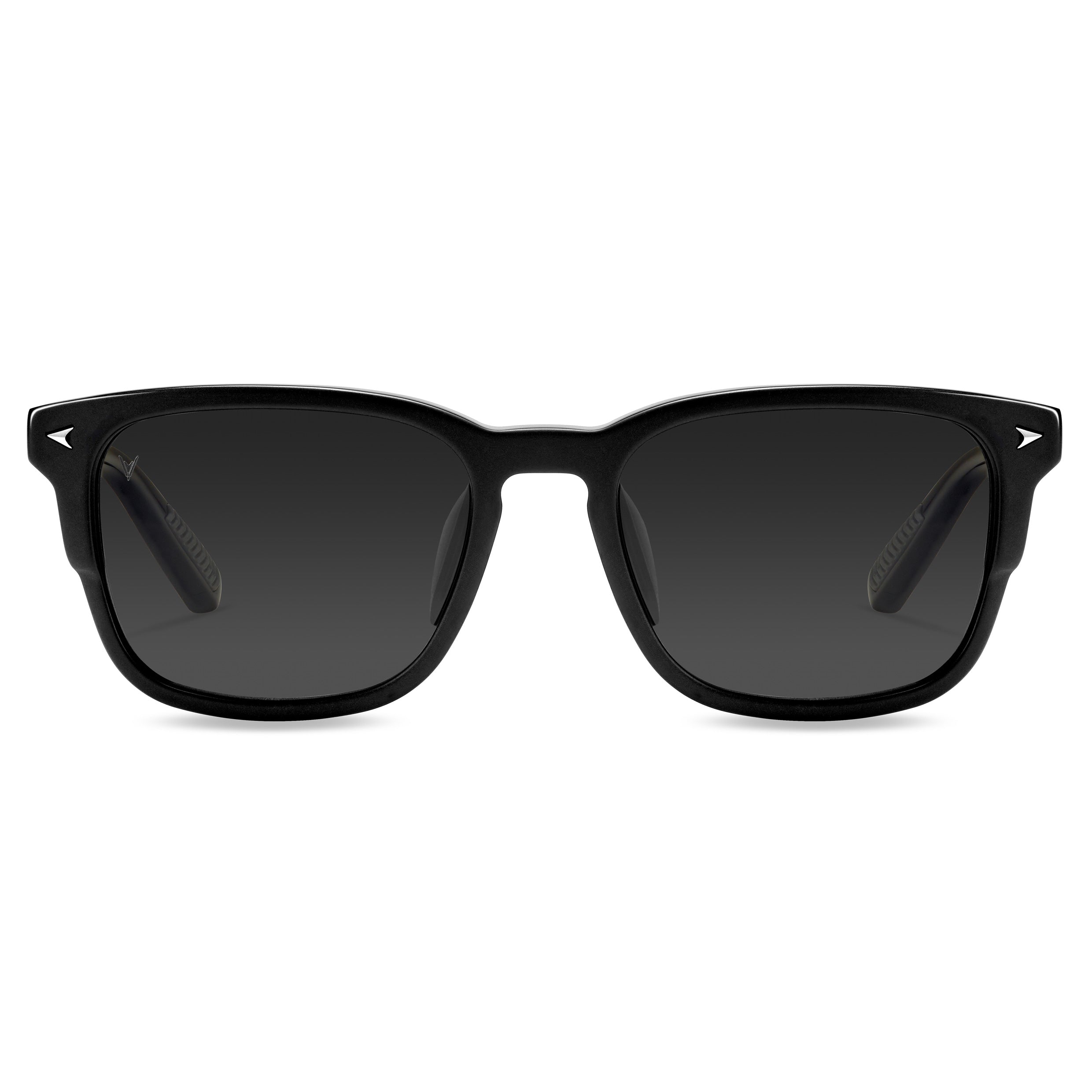 Close up of The Brooks sunglasses in Semi Matte Black, highlighting the marble accents and acetate frame.