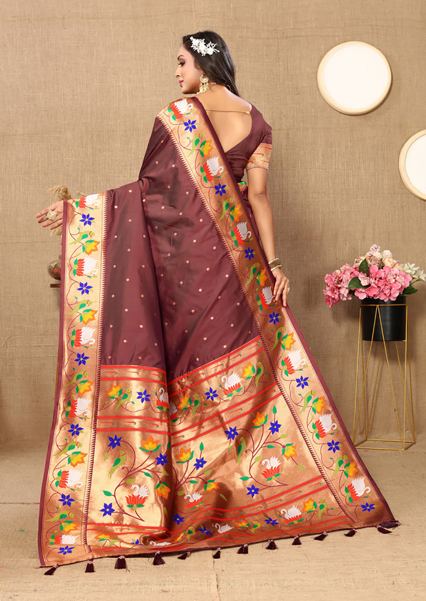Brown Soft Paithani Silk Saree with Rich Zari Meenakari Weaving