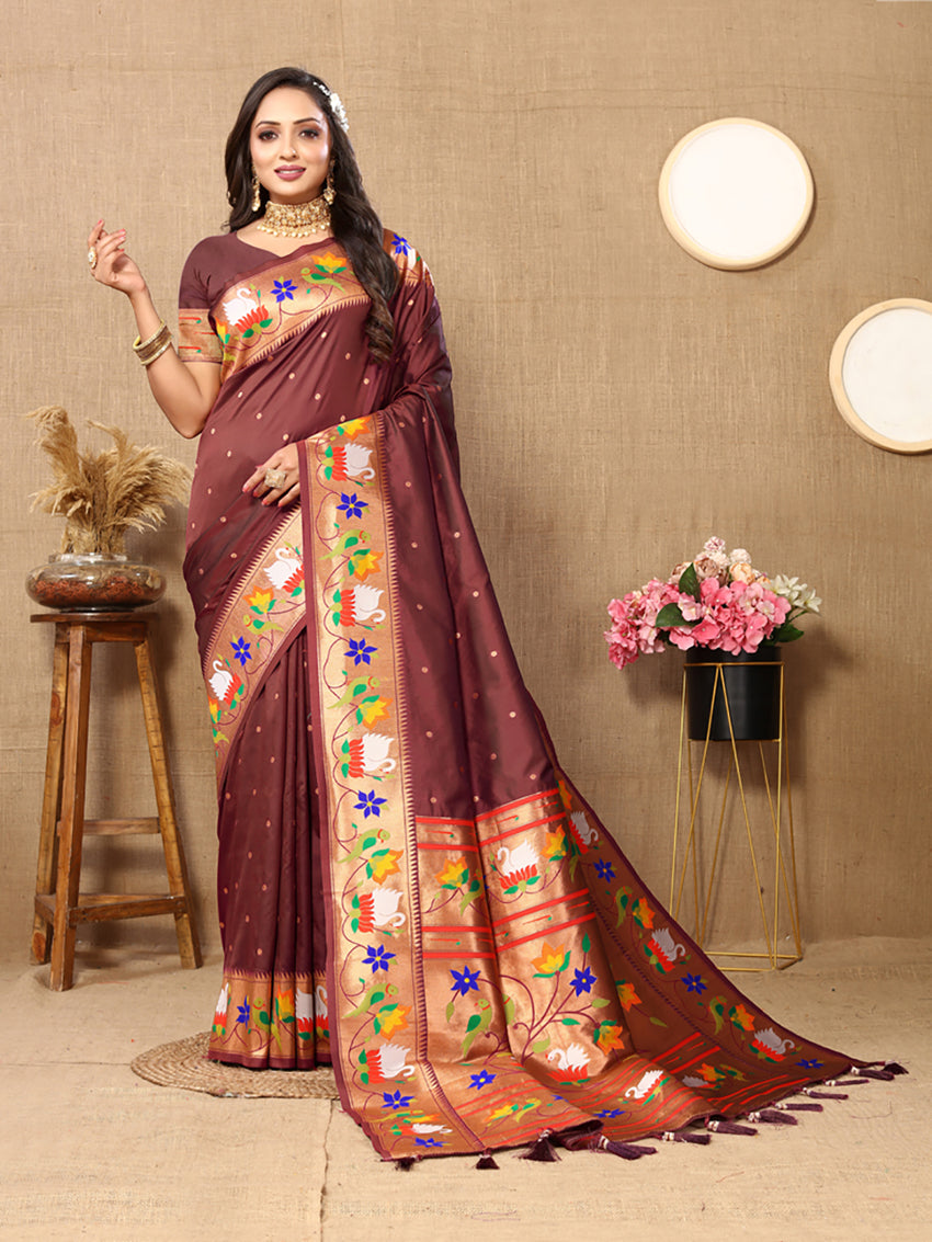 Brown Soft Paithani Silk Saree with Rich Zari Meenakari Weaving