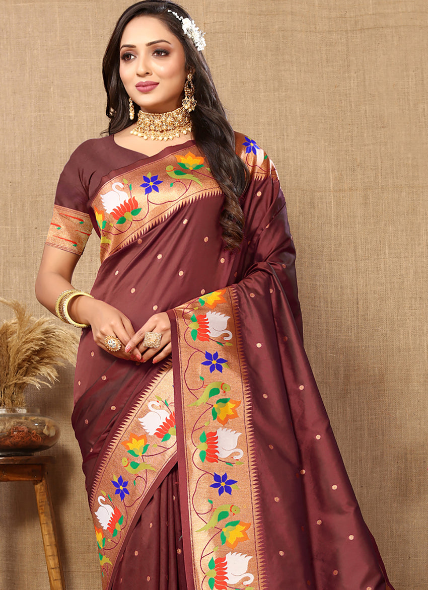 Brown Soft Paithani Silk Saree with Rich Zari Meenakari Weaving