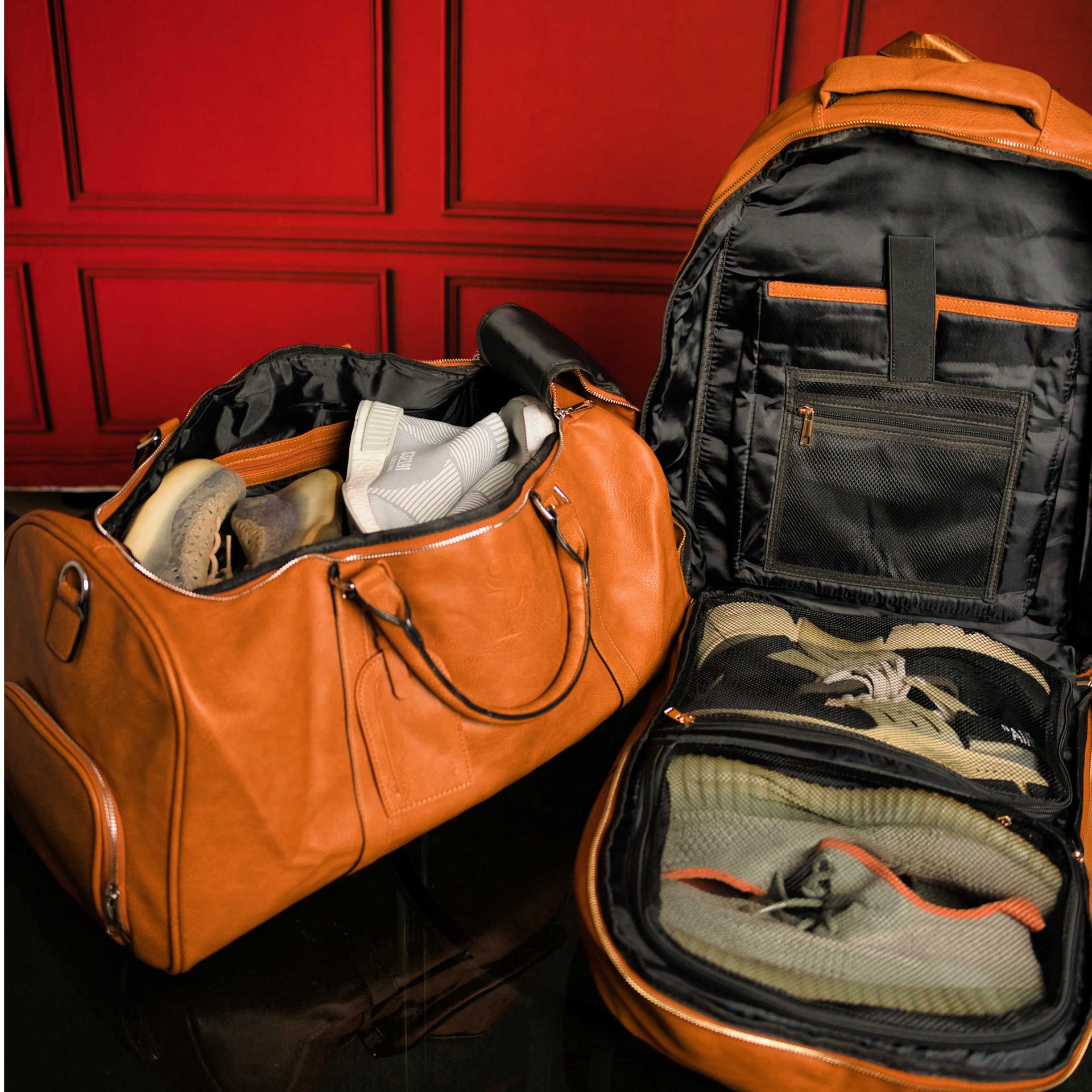 Brown Tumbled Leather 2 Bag Set (Commuter Backpack and Duffle Bag)