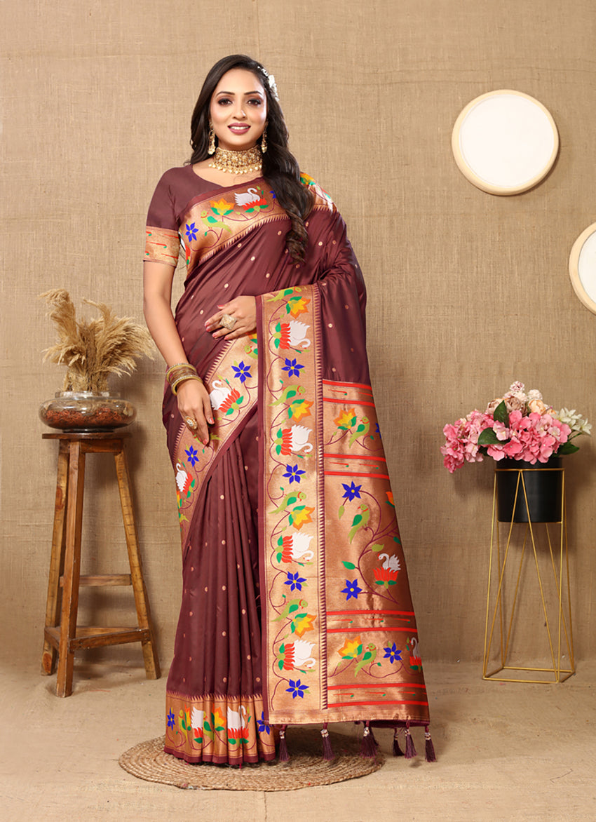Sophisticated brown Paithani silk saree featuring rich Zari Meenakari woven borders