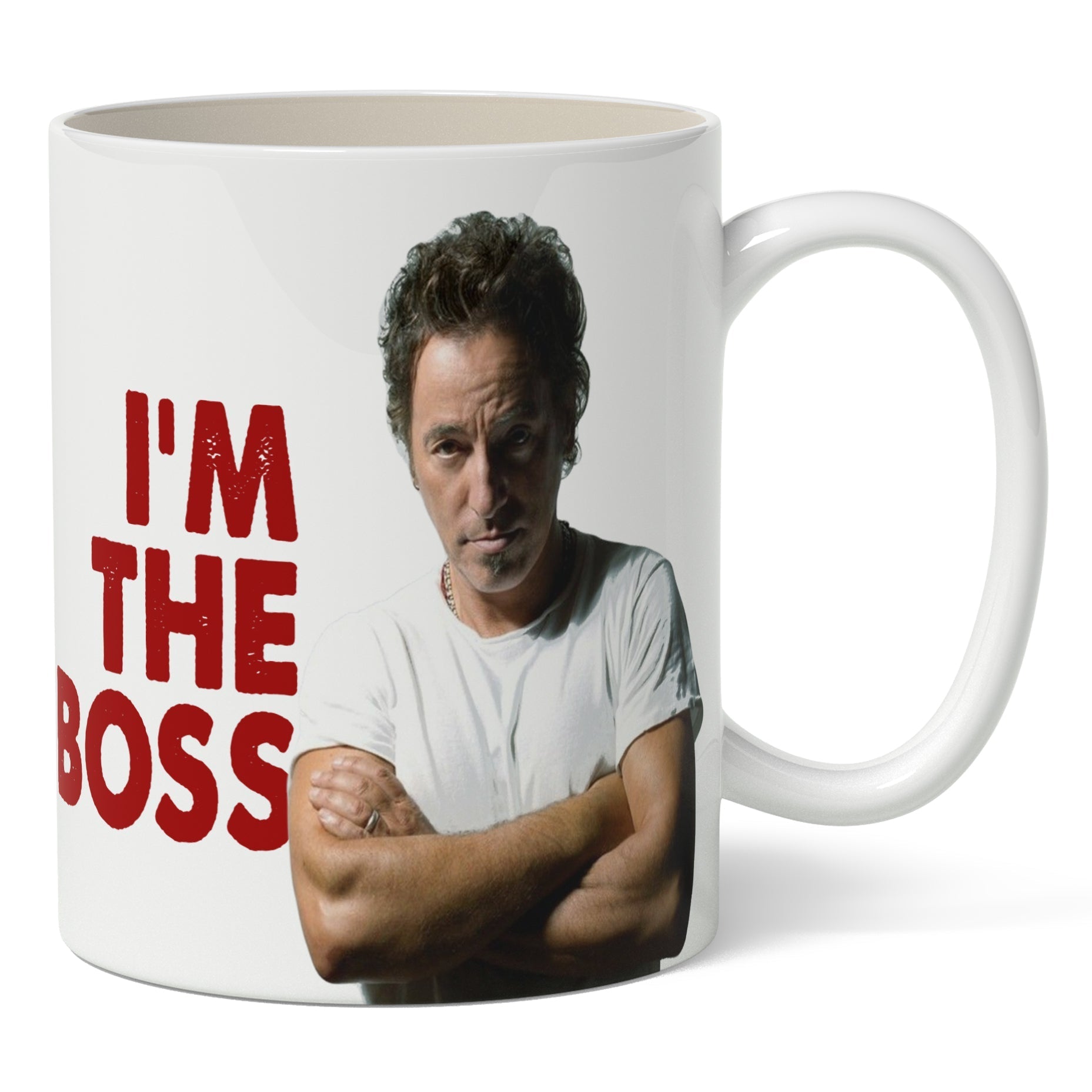Ceramic coffee mug featuring a Bruce Springsteen graphic and the text I'm The Boss.