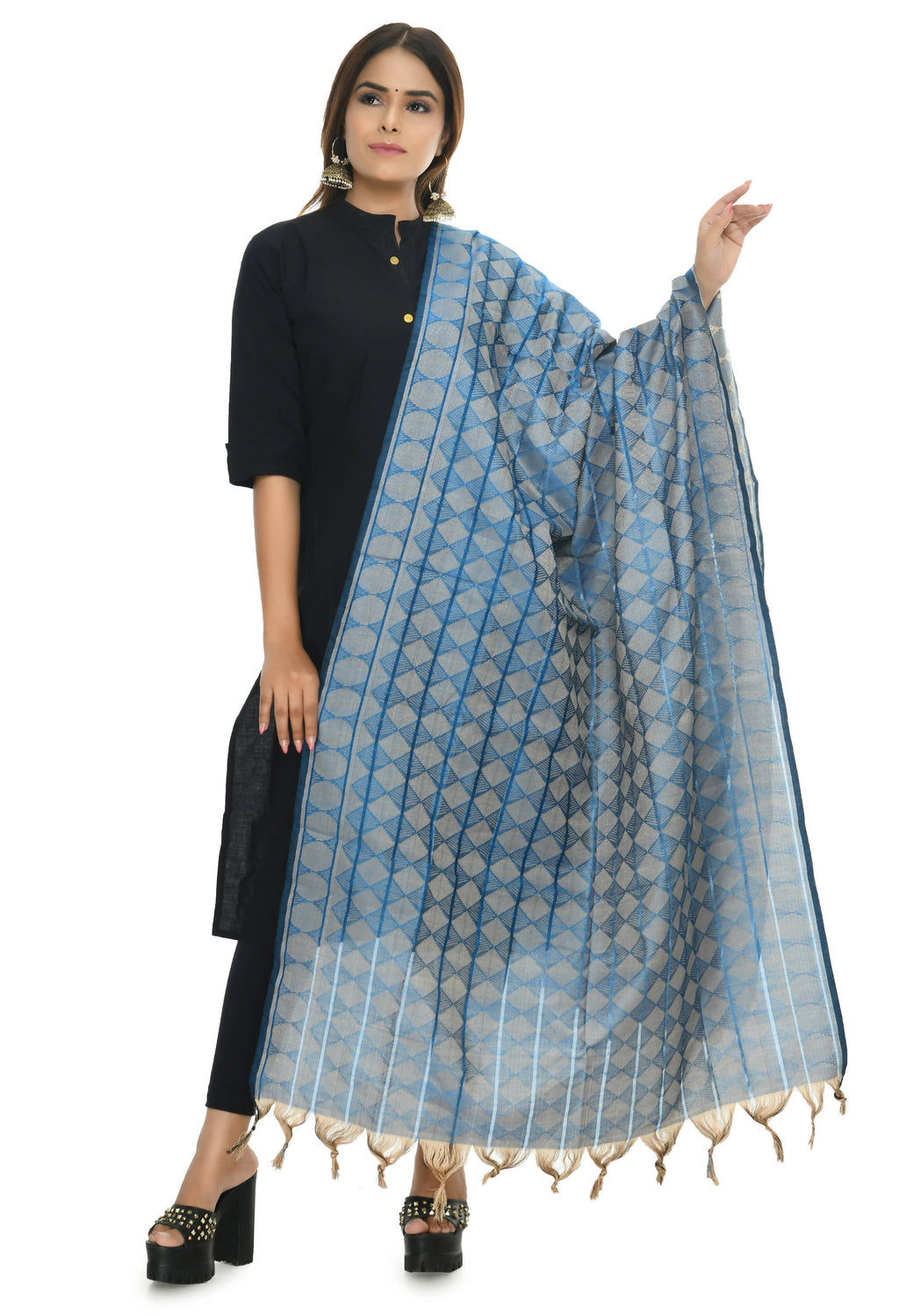 Blue Handloom Cotton Dupatta - Breathable Ethnic Shawl