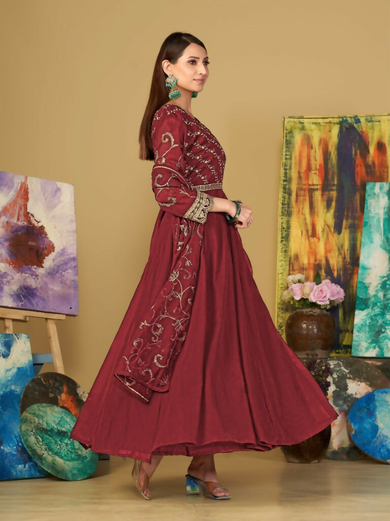 Maroon Georgette Embroidered Anarkali Kurta Pant Set & Dupatta