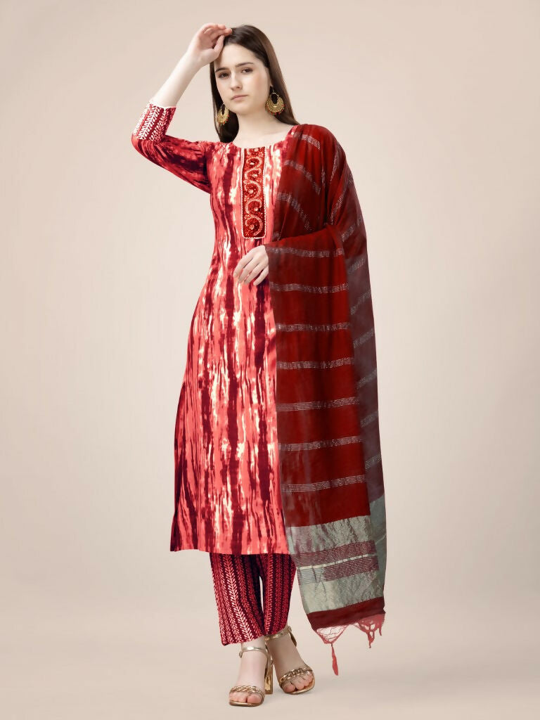 Women's Orange Rayon Printed Kurta Set with Embroidery and Dupatta