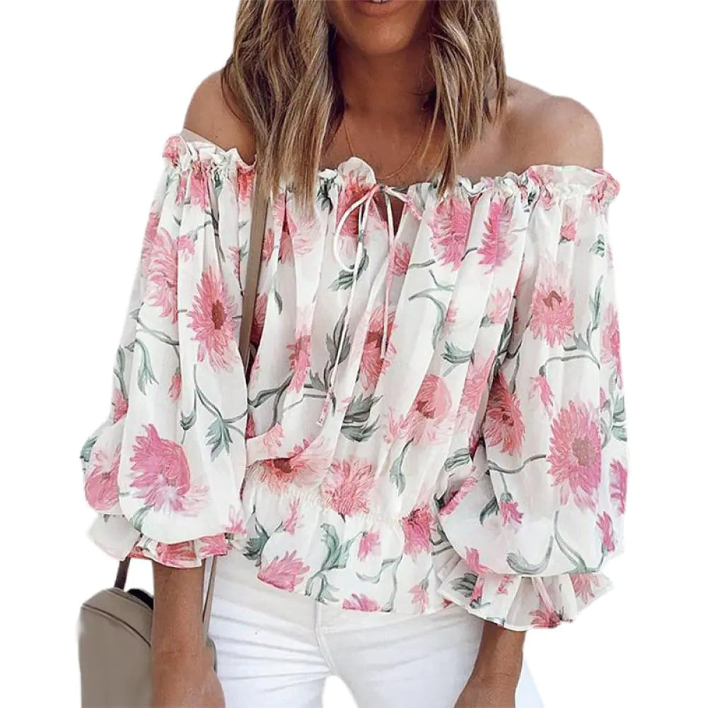 Women's Floral Off-Shoulder Chiffon Long Sleeve Blouse - Image 15