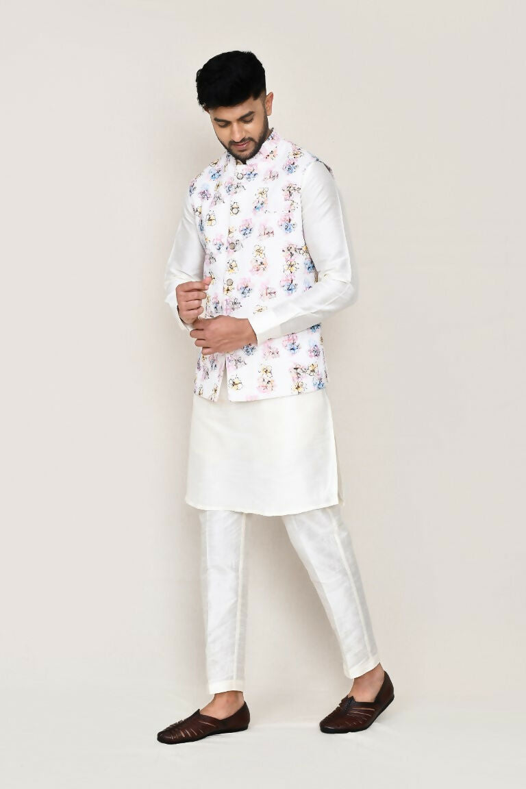 White Art Silk Kurta with Matching Jacket and Straight Fit Pant