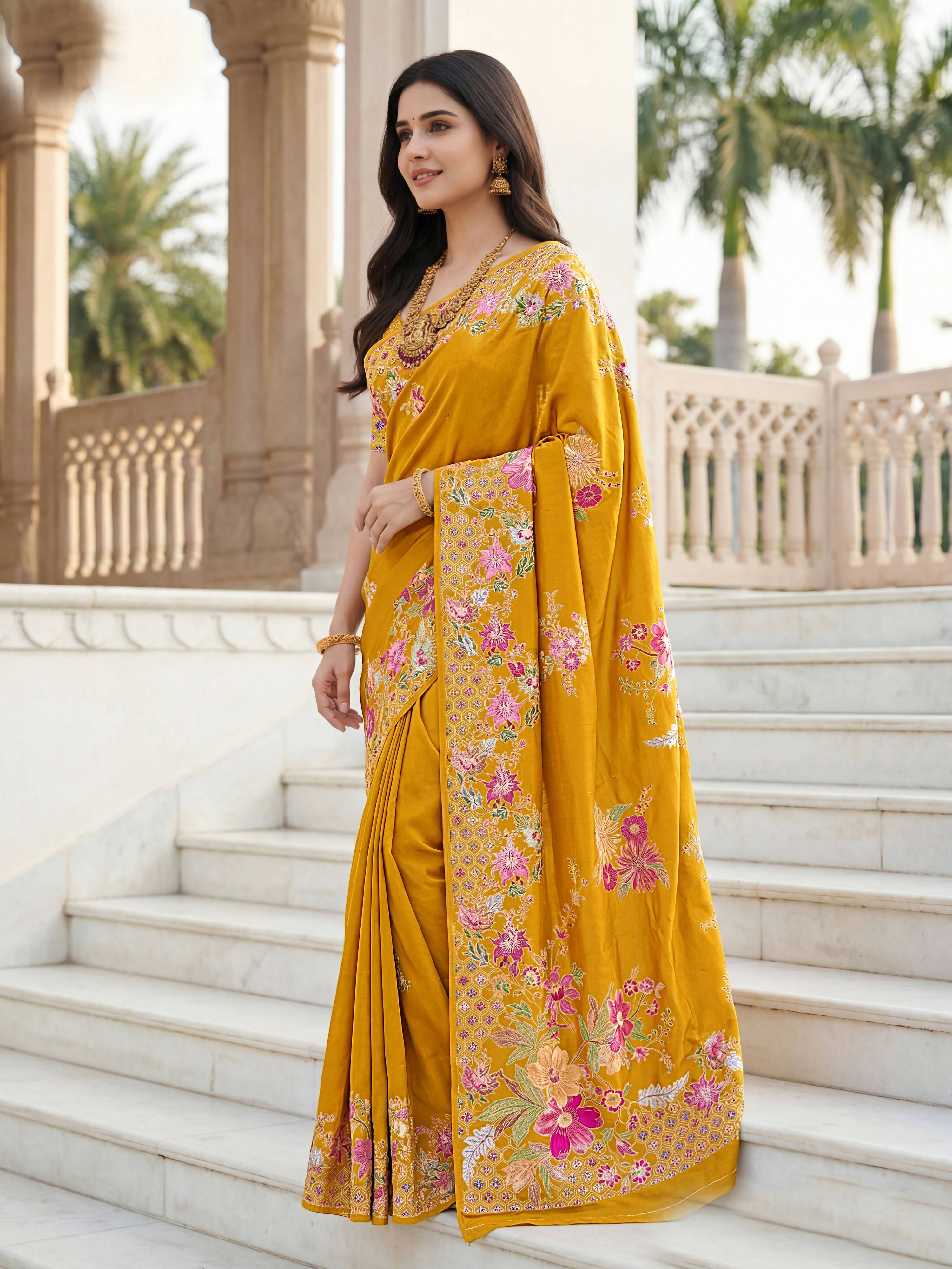 Mustard Russian Silk Designer Saree with Floral Position Print