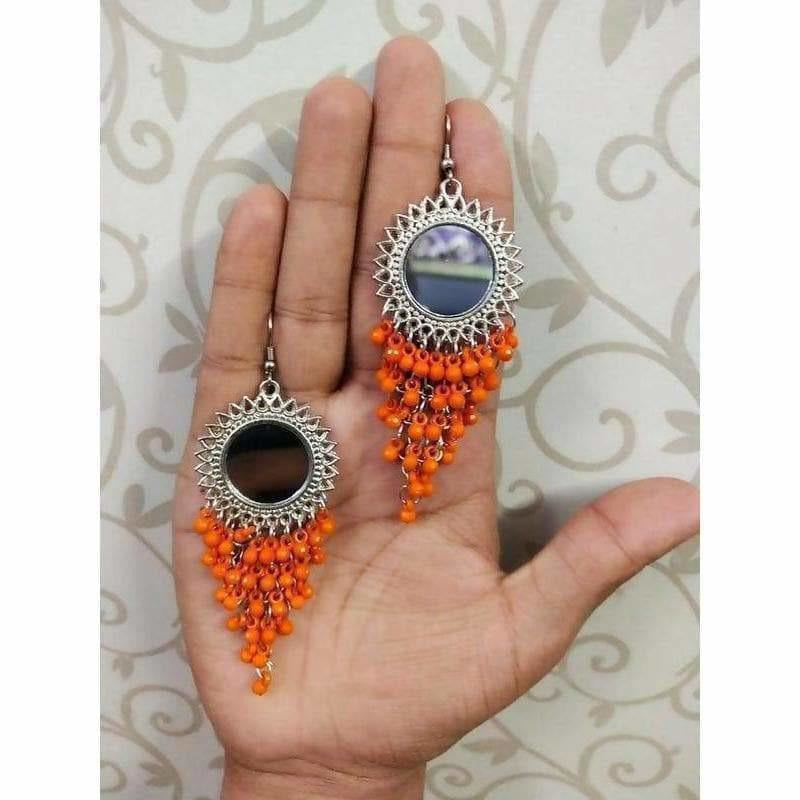 Orange jhalar long drop earrings with sun-inspired mirror design