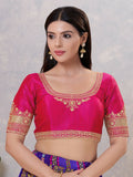 Elegant Dark-Pink silk stitched blouse with a round neck