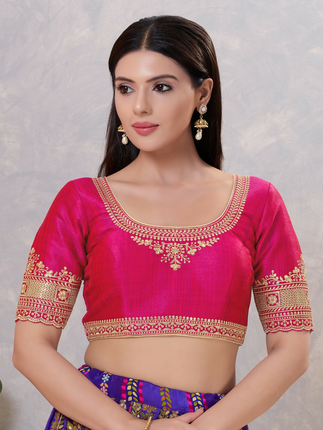 Elegant Dark-Pink silk stitched blouse with a round neck