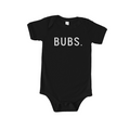 Minimalist black and white infant onesie with BUBS print
