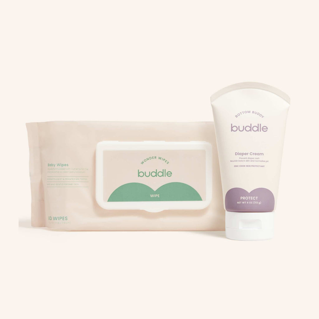Buddle Skincare Wipe and Protect Bundle featuring Wonder Wipes and Bottom Buddy Diaper Cream.