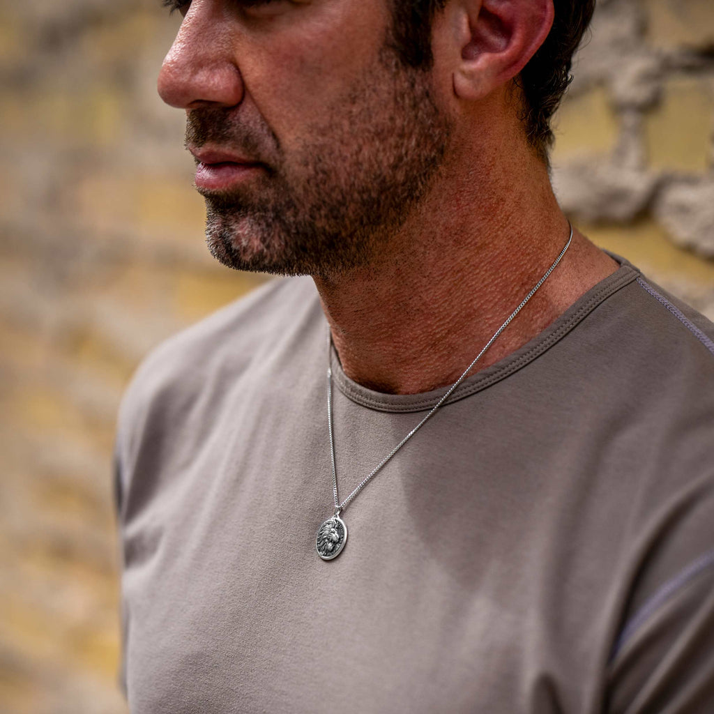 Sterling Silver Lion Pendant Necklace for Men - Strength Symbol