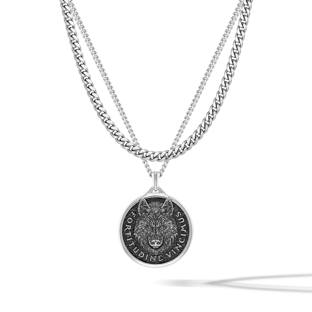 Detailed Sterling Silver Wolf pendant representing resilience and endurance