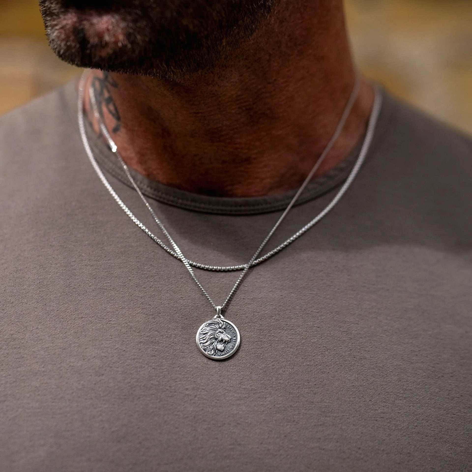 Sterling Silver Lion Pendant Necklace for Men - Strength Symbol