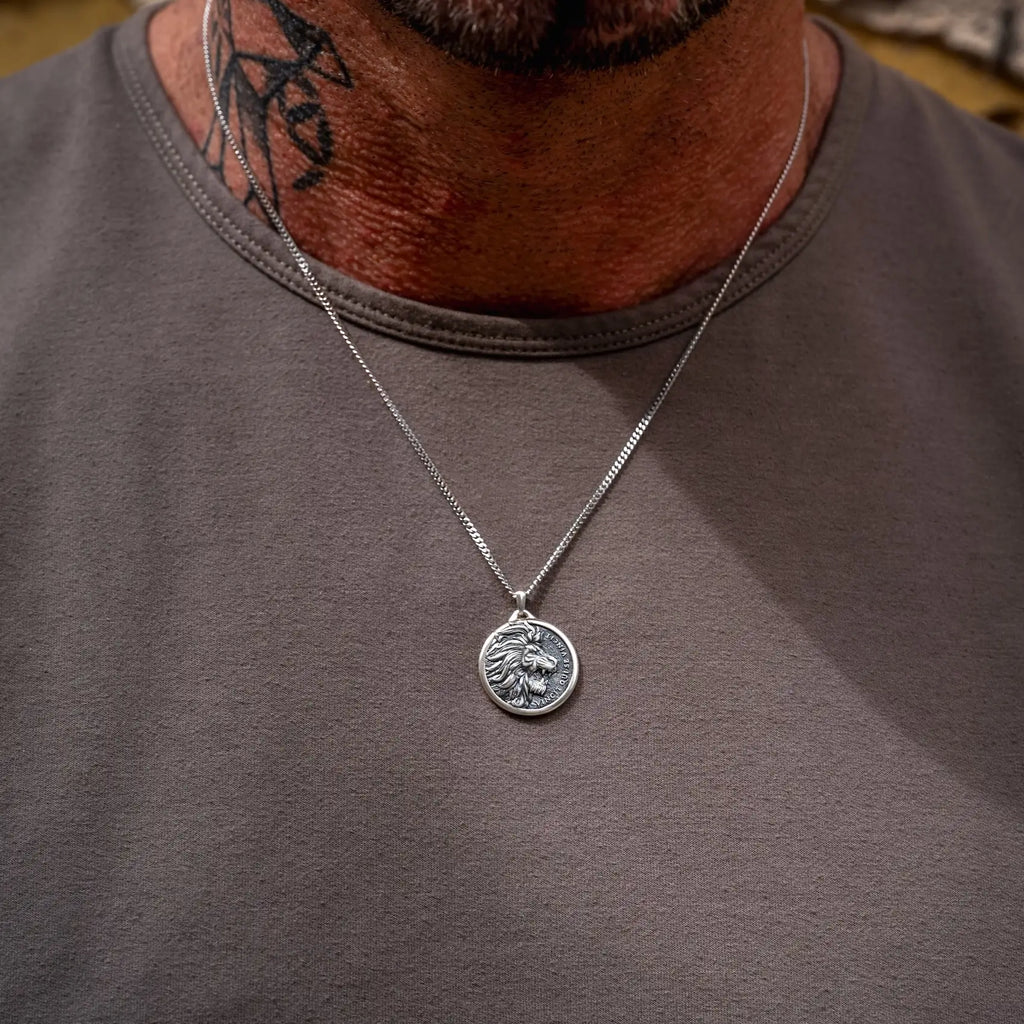 Sterling Silver Lion Pendant Necklace for Men - Strength Symbol
