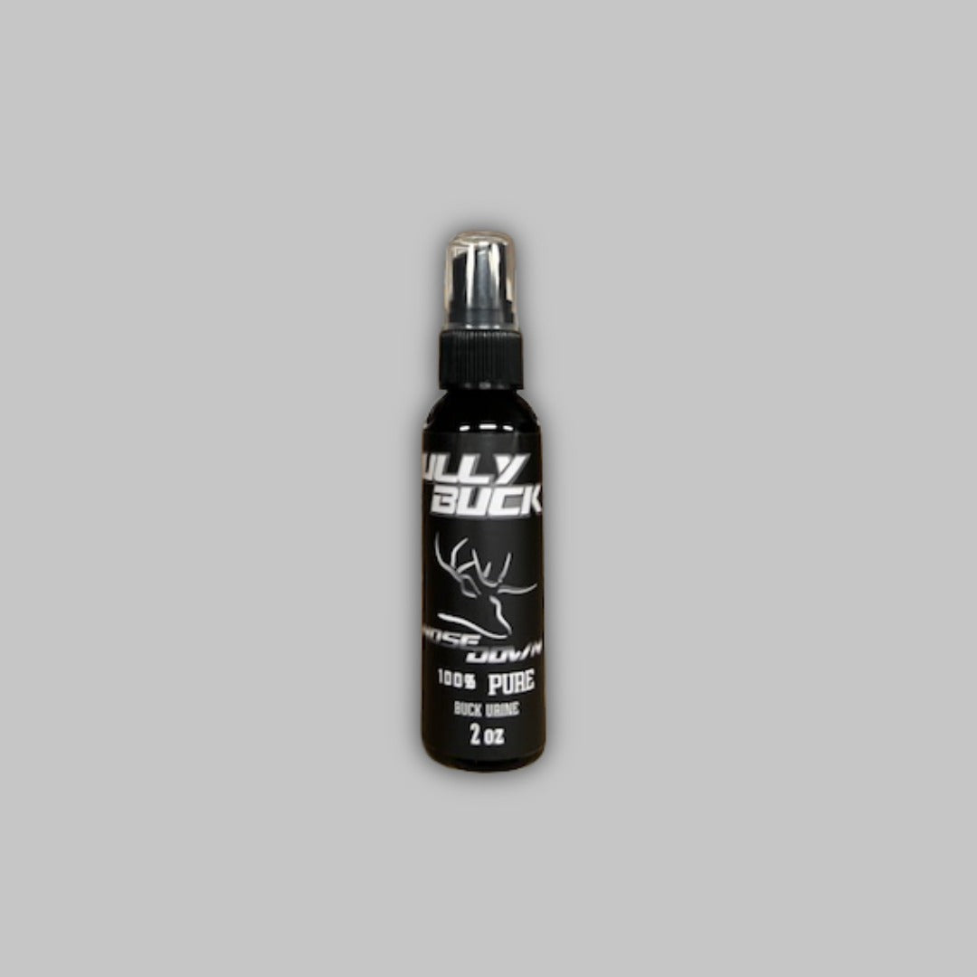 2oz bottle of Bully Buck 100% pure whitetail buck urine in a black bottle with white text.