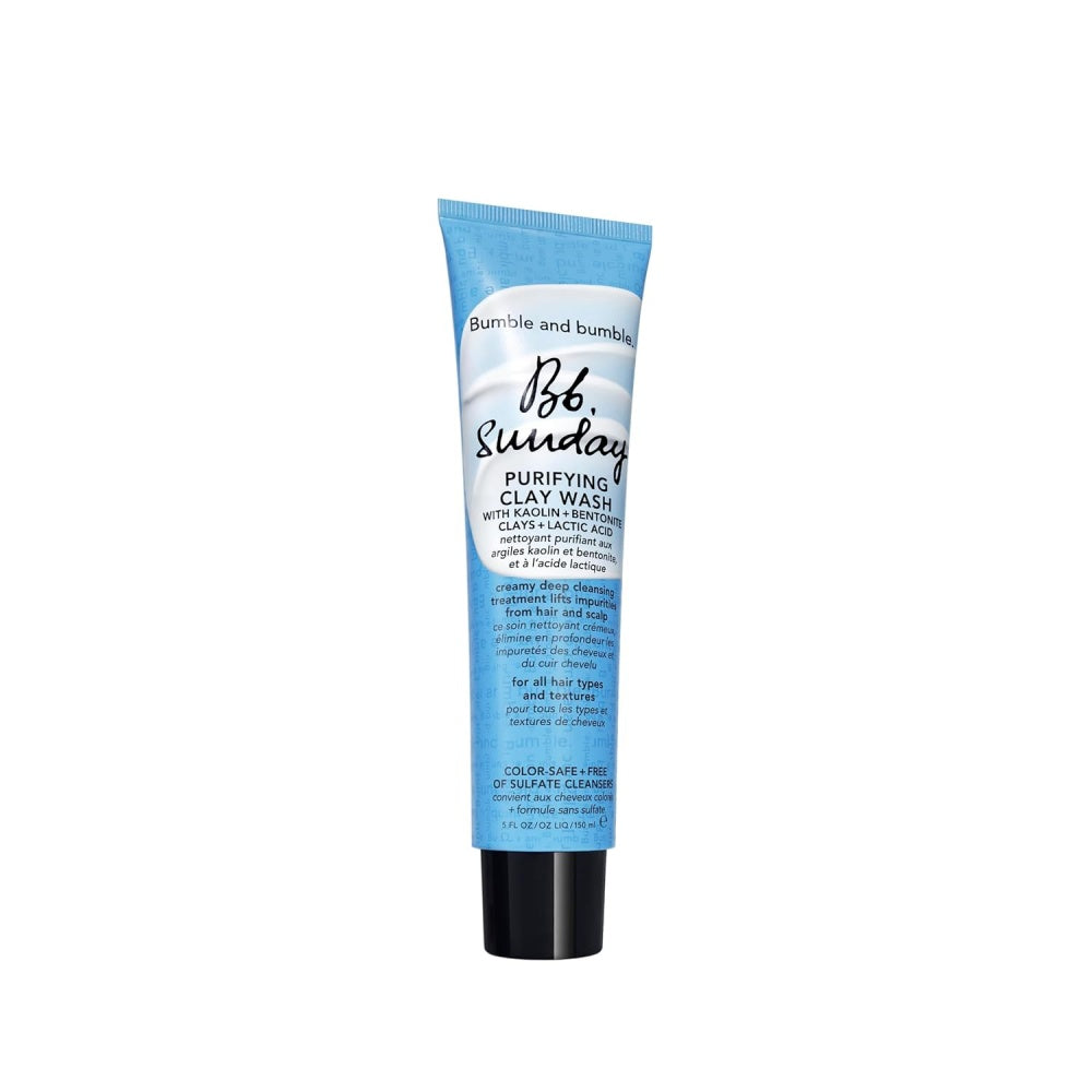 Bumble and bumble Sunday Purifying Clay Wash tube in a 5 oz size, light blue and white clinical aesthetic.