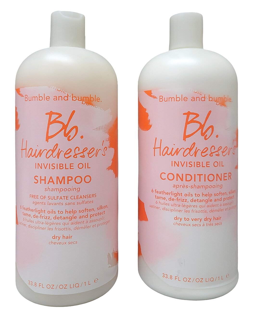 Large 33.8 oz bottles of Bumble and bumble Hairdresser's Invisible Oil Hydrating Shampoo and Conditioner