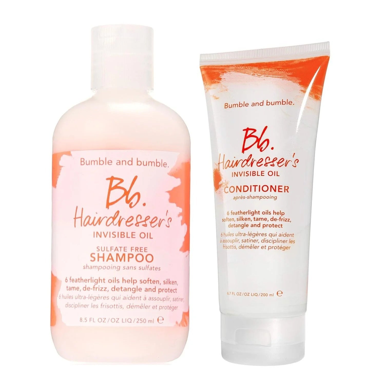 Bumble and bumble Hairdresser's Invisible Oil Shampoo and Conditioner bottles displayed together.
