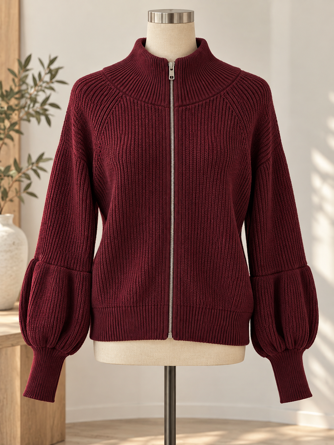 Women's Textured Open-Front Lantern-Sleeve Cardigan