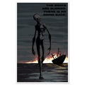A poster titled Burn the Boats showing a dark skeletal figure walking away from a burning ship on the water.
