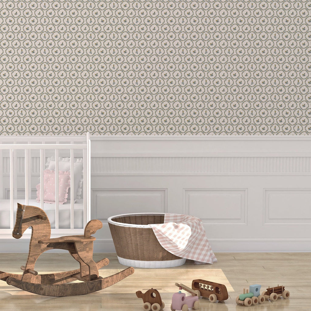 Buttercup floral wallpaper in cream, yellow, and grey-green, designed for cottagecore aesthetics.