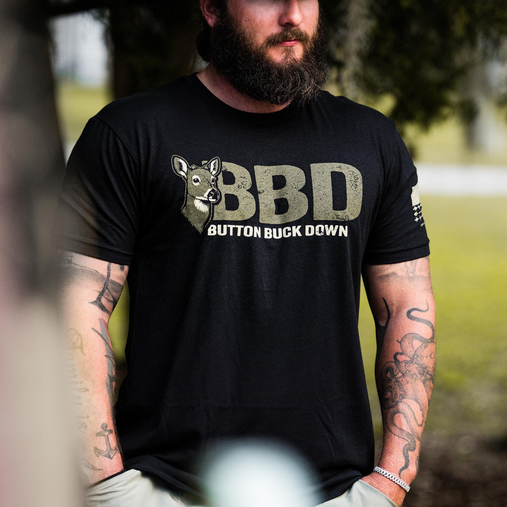 Unisex BBD Button Buck Down graphic tee in black and olive green
