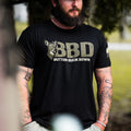 Unisex BBD Button Buck Down graphic tee in black and olive green
