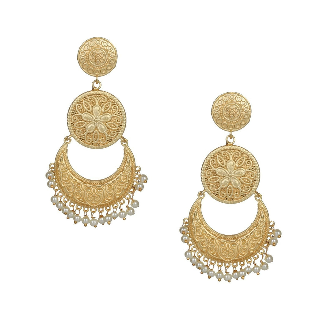 Exquisite matte gold brass earrings with intricate handcrafted detailing and a luxurious finish
