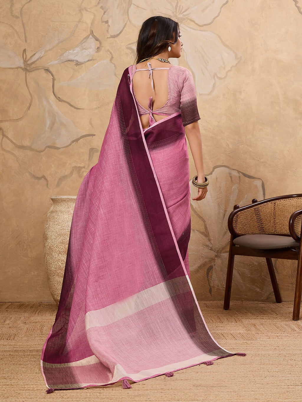 Rani Pink Linen Saree with Matching Blouse - Breathable Ethnic Wear