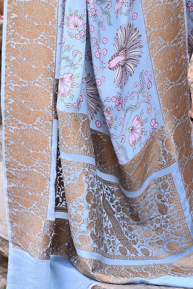 Light Blue Crepe Chiffon Handloom Banarasi Silk Saree