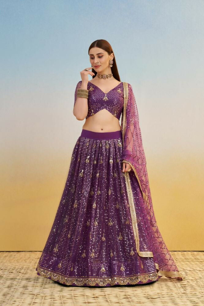 Dark Purple Butterfly Net Lehenga with Mirror & Sequence Embroidery