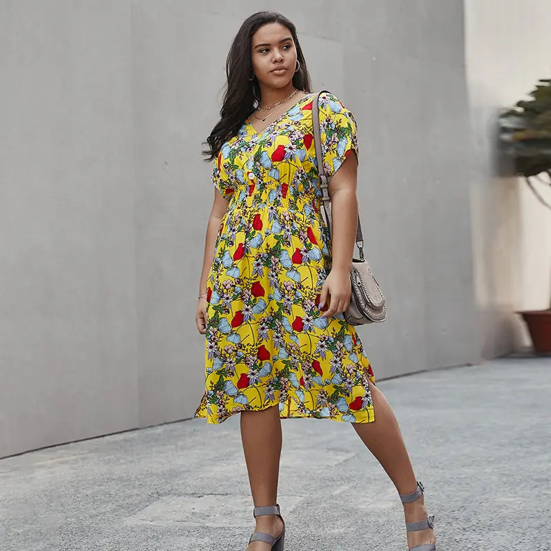 Women's V-Neck Floral Print Midi Beach Dress with Smocked Waist - Image 13