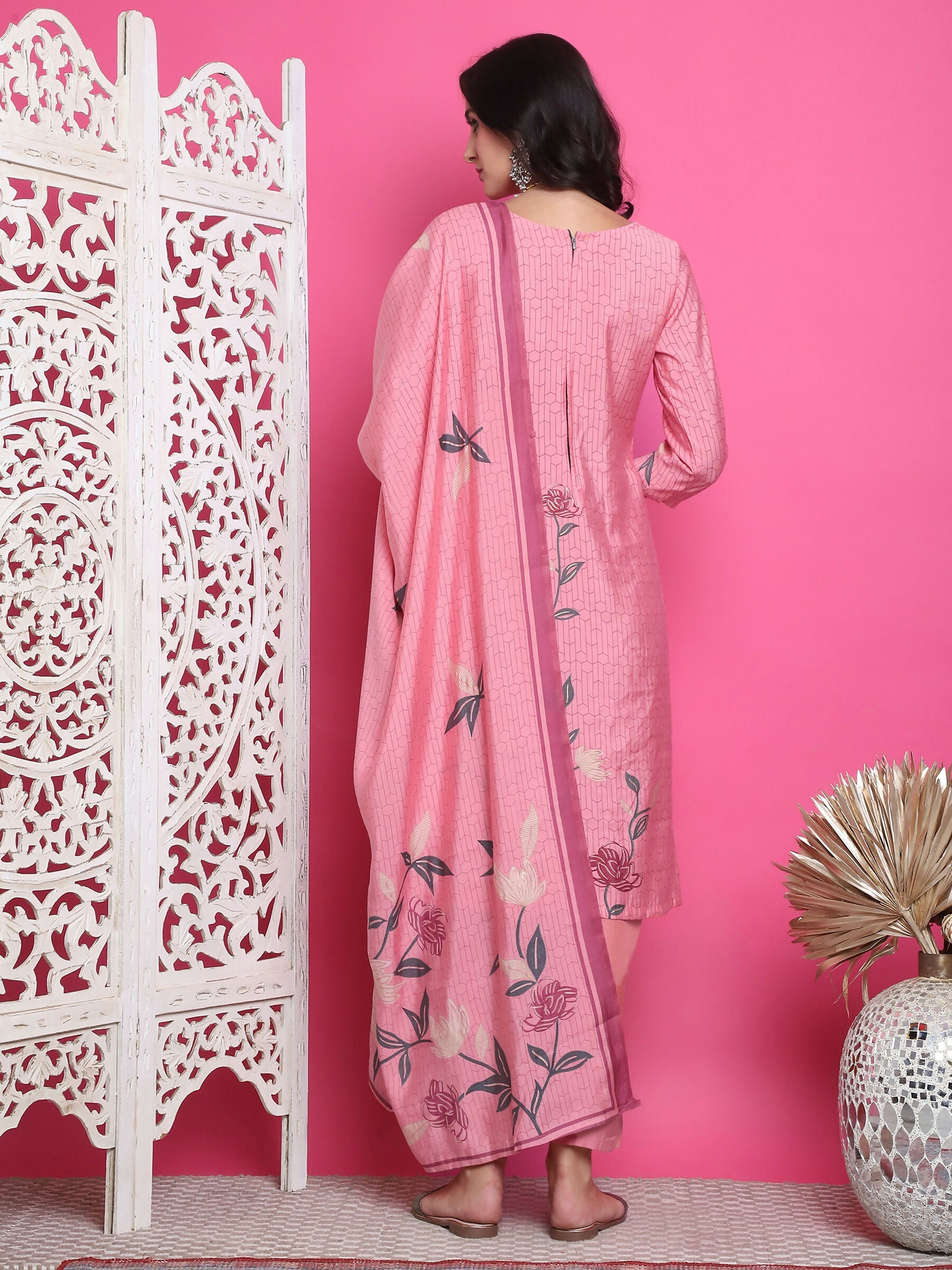 Pink Muslin Floral Print Kurta Set with Jari and Crystal Work
