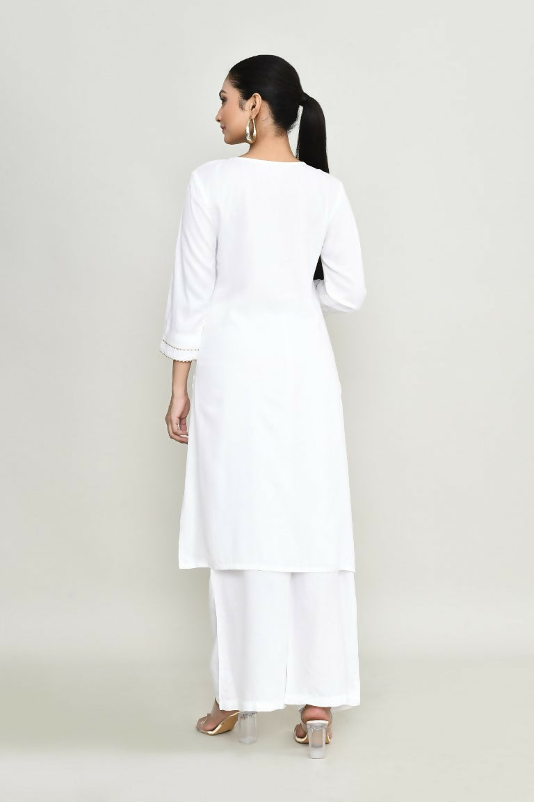 Women's White Rayon Kurta Set with Embroidery and Palazzo Pants