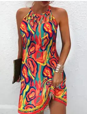 Women's Printed Sleeveless Hollow Neck Casual Summer Dress - Image 7
